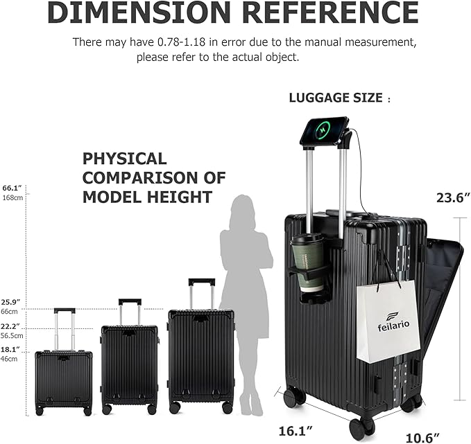 feilario Aluminium Frame PC Hard Shell Spinner Wheels Luggage,22.5"X15"X9.5" Airline Approved Built-In TSA lock Carry on Suitcase, with Cup Holder, USB Port, Phone Holder