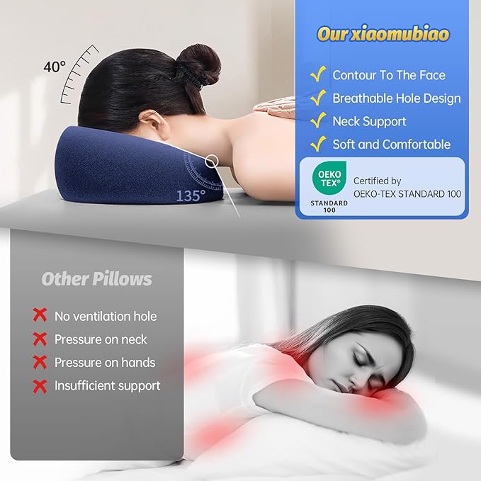 Face Down Pillows for Massage Table, Massage Headrest for Bed, Face Pillow for Stomach Sleeping, BBL Pillow After Surgery Post Eye Surgery & Vitrectomy Recovery, Removable Cover Navy Blue