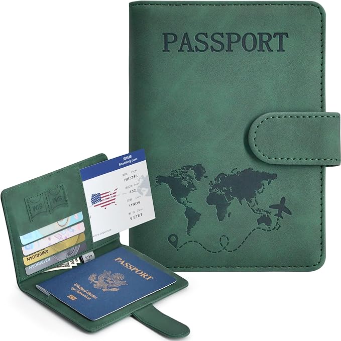 Passport Holder, Passport Cover with Credit Card Slot and Boarding Pass Slot Combo, Passport Wallet Case Book Travel Must Have, RFID Blocking Leather Travel Accessories, Green