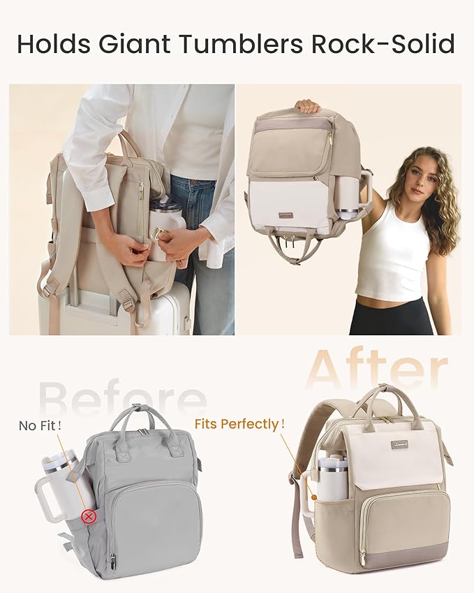 LOVEVOOK Laptop Backpack for Women with Giant Tumbler Holder Pocket, 17 inch Travel Work Backpack Purse for Nurse Teacher, Waterproof School Bag College Bookbag Cute Casual Daypack for Girls Khaki