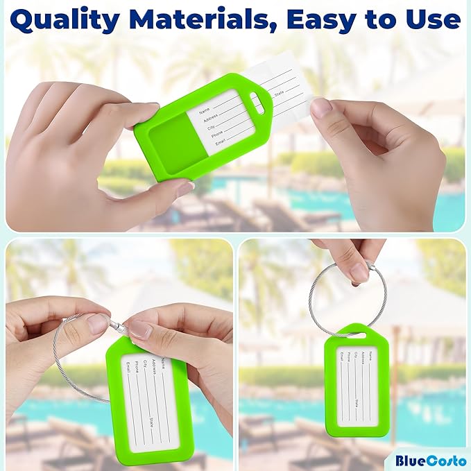BlueCosto - Luggage Tags - Green, 10 Pack - Suitcase Tags with Name ID Card & Heavy-Duty Metal Wire Loops - Bright Colored PVC Identifiers for Travel Baggage - Backpack Name Labels