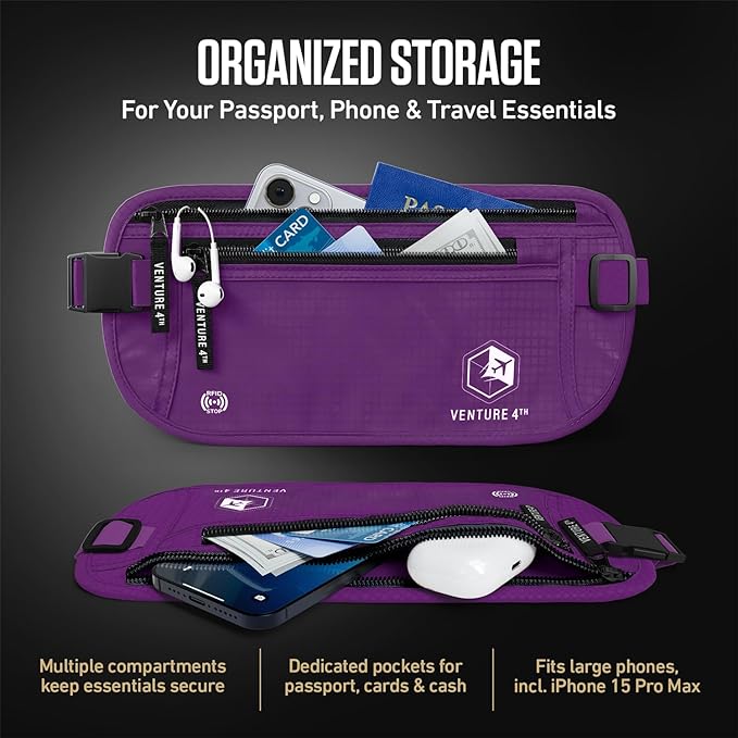 VENTURE 4TH Money Belt for Travel – Hidden Under-Clothes RFID Blocking Passport Holder & Slim Travel Wallet Pouch for Men & Women to Protect Cash, Cards & Documents (Purple)