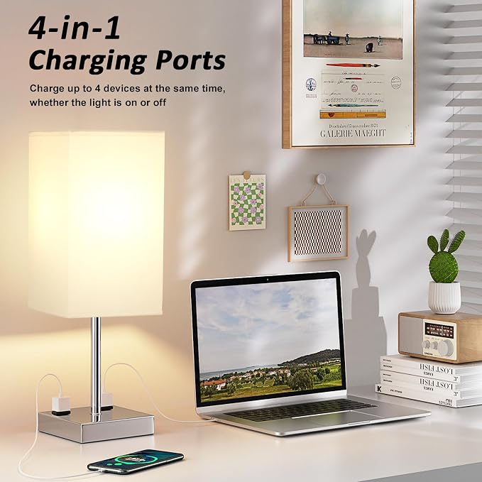 17.4" White Touch Table Lamp for Bedroom - Dimmable, USB C+A, 2 AC Outlets | 3-Way Dimming, 3000K Bulb Included, Square White Lampshade and Silver Base, Desk Lamp for Nightstand, Living Room, Dorm