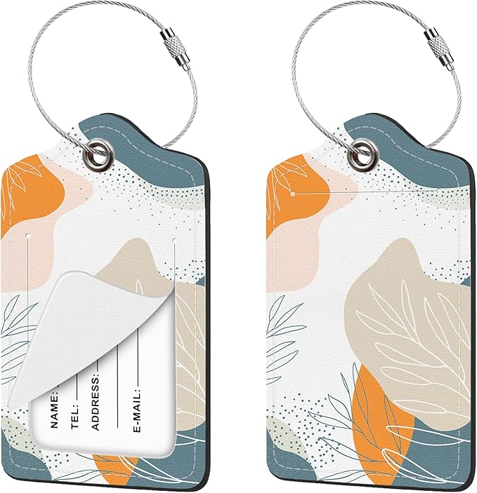 2 Pcs Luggage Tag for Suitcases, Abstract Boho Leaves PU Leather Suitcase Tag Privacy Cover Name ID Label with Metal Loop, Personalized Baggage Identifier for Women Cruise Travel Essentials