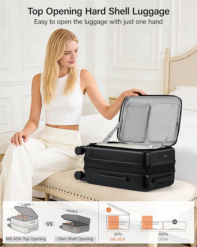 MILADA 20-Inch Expandable Carry On Luggage, Hard Shell Top-Opening Luggage with Wheels, TSA-Approved Small Travel Bag for Men and Women Carry-On Suitcase, Black