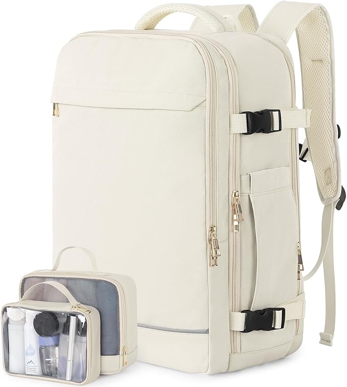 Travel Backpack, 40L 17 inch Laptop Waterproof Backpack Carry on Flight Approved, Personal Item Travel Bag, Casual Daypack for College, Business, Weekend, Work, Beige