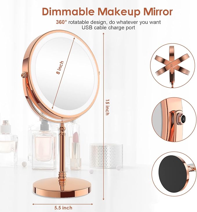 DEIOVWXS Makeup Mirror, 3000mAh Rechargeable Double-Sided Magnifying Vanity Mirror with 3 Colors, 1X/10X, 360° Rotation, Adjustable Brightness, Gifts for Mom, Women,Wife, Girls, Dorm Room Essential