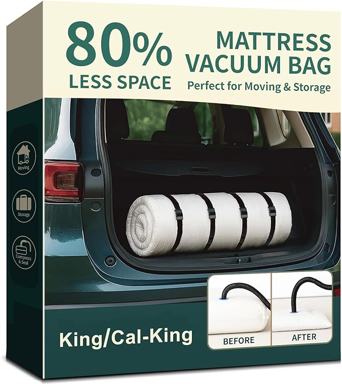 Mattress Vacuum Bag for Moving and Storage – Heavy Duty Compression Bag with Straps, Vacuum Bag for Memory Foam Mattress (King/Cal King)