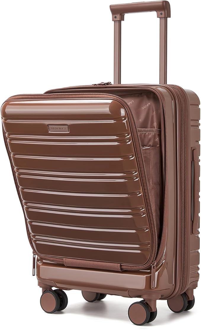 LARVENDER Carry On Luggage 22x14x9 Airline Approved, 20 Inch Expandable PC+ABS Hardside Carry On Luggage with Front Pocket Spinner Wheels TSA Lock for Women Men (Mocha)