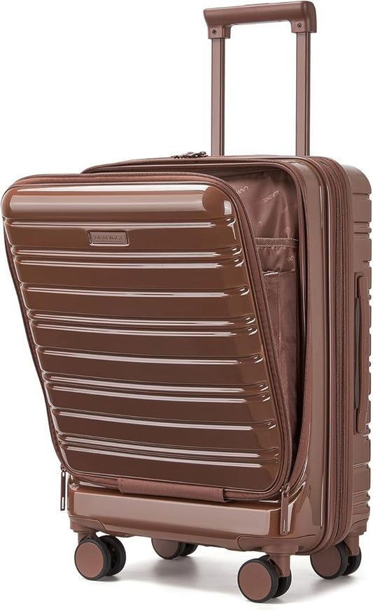 LARVENDER Carry On Luggage 22x14x9 Airline Approved, 20 Inch Expandable PC+ABS Hardside Carry On Luggage with Front Pocket Spinner Wheels TSA Lock for Women Men (Mocha)