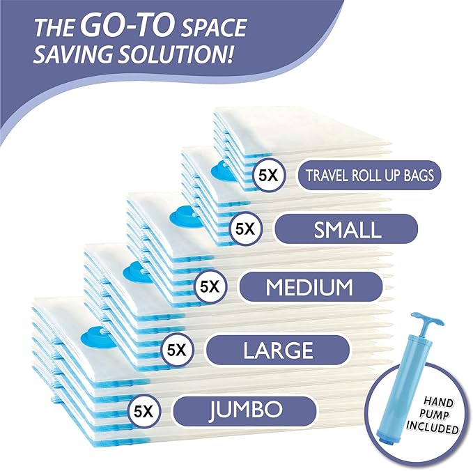 Cozy Essential Vacuum Storage Bags, 80% Compression Vacuum Seal Space Saver Plastic Packaging Bags for Clothes, Blankets, Pillow, Bedding, Comforters, Sealer Clothing Storage,25 Combo