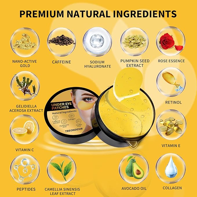 24K Gold Eye Masks for Dark Circles and Puffiness 70PCS, Under Eye Patches for Puffy Eyes Treatment, Under Eye Gel Pads w/ Collagen, Caffeine, Peptides for Eye Bags Treatment, Gel Eye Mask Skincare
