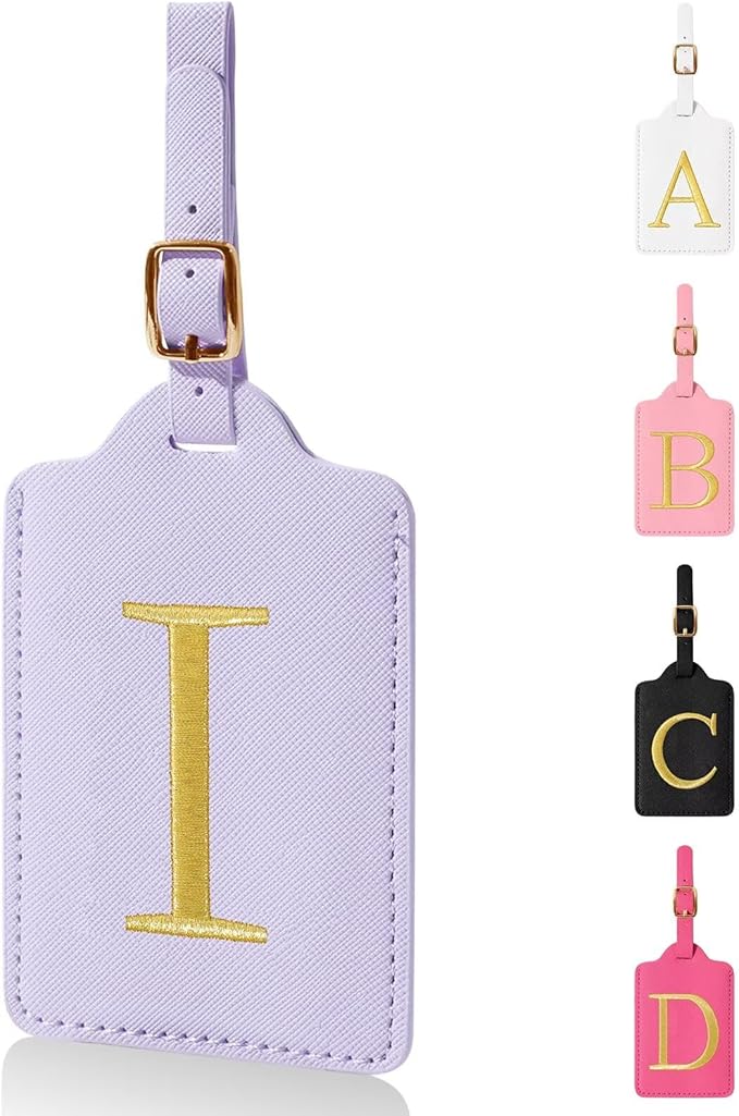 Personalized Initial Luggage Tags for Suitcases,Leather Letter Cute Luggage Tags with Privacy Name Card,Embroidered Monogrammed Travel Bag Backpack Tag Gifts for Women Kids Girls Teens(Purple-I)