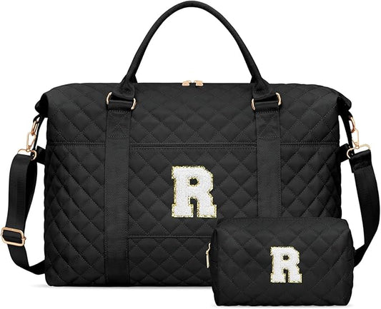 Gifts for Women, Initial Travel Duffle Bag, Personalized Weekender Overnight Bags, Gift for Mom Friend College Girl Graduation Teacher（Black,R)