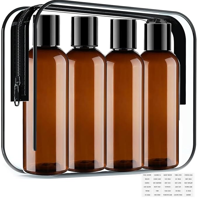Moonlik Toiletry Travel Bottles, 4Pack 3.4oz/100ml - Squeezable Plastic Containers with Flip Caps - Refillable Cosmetic Kit for Shampoo, Conditioner, Lotion, and Travel Essential- Brown