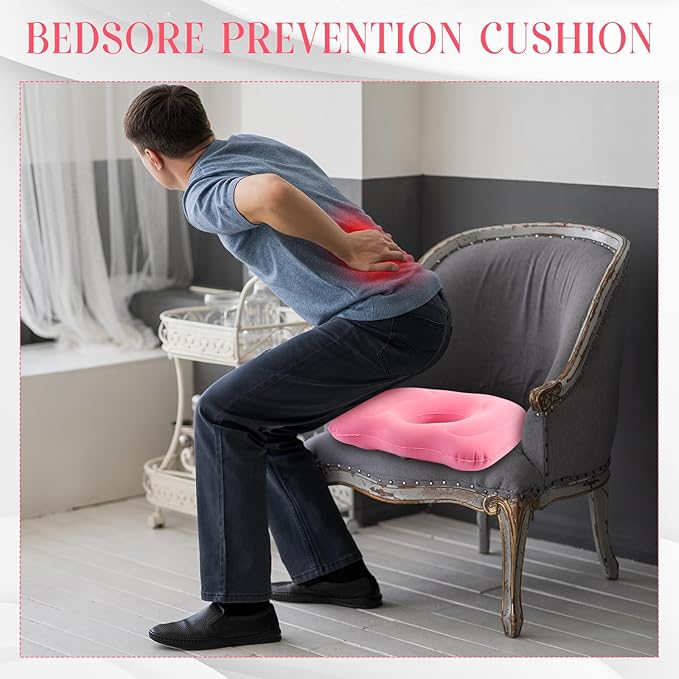Leinuosen 1 Pcs Inflatable Seat Cushion 18.1'' x 15.7'' x 4.7'' Portable Lift Donut Pillow Height Adjustable Hemorrhoid Pillow for Tailbone Back Pain Bed Sore Home Car Chair Wheelchair Sitting (Pink)