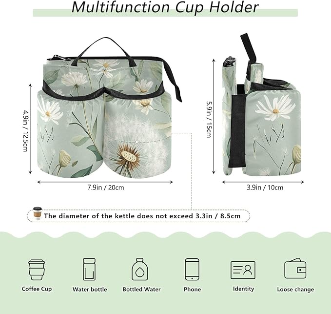 Sage Green Dandelion Luggage Cup Holder Travel Portable Free Hand Drink Carrier Suitcase Drinks Beverage Holder Carry-On Bottle Mug Holder Organizer Bag Travelers Accessories