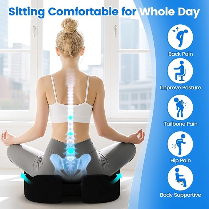 Seat Cushion with Carry Handle, Memory Foam for Tailbone/Sciatica Easing, Chair Cushions for Cars, Desks, Office Chair Cushion with Non-Slip Design, Ideal for Post-Surgery Recovery (Black)
