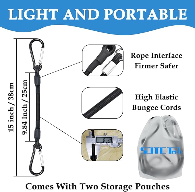 SDTC Tech 12IN Mini Short Bungee Cords with Carabiner Hooks Heavy Duty Elastic Tie Downs Straps for Tent, Bike, Kayak, Luggage (4-Pack Total Length 15 Inches)