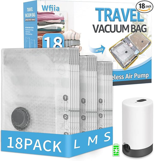 18 Packs Vacuum Bags for Travel with Rechargeable Pump, 3 Sizes Vacuum Seal Bags for Clothing, Compression Vacuum Travel Bags for Luggage, Vacuum Packing Bags for Closet Organization