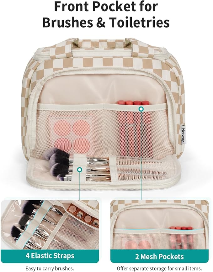 Narwey Checkered Travel Toiletry Bag for Women Large Makeup Bag, Wide-open Cosmetic Make Up Organizer with Handle, Travel Bag for Toiletries, Essentials, Accessories (Light Brown Checkerboard)