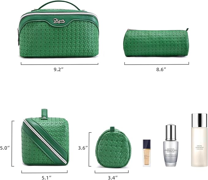 BOYATU Travel Makeup Bag Cosmetic Bags for Women: Large Capacity 3 Pcs Set Make up Bag with Compartments - Waterproof Vegan Leather Toiletry Organizer Bags with Handle (L38 Green)