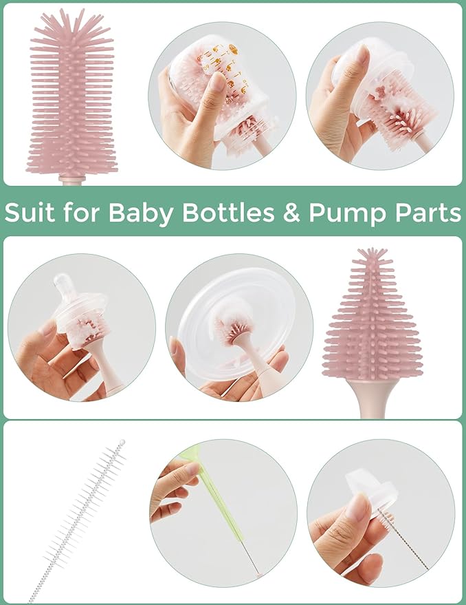 Momcozy Bottle Brush Kit with Push-Press Foam Design - Newborn Essentials Gift, Portable Cleaning Tool for Home & Travel, Baby Bottle Cleaner Brush for Breast Pumps & Nipples, Pink
