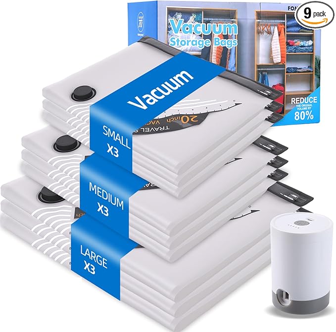 Vacuum Storage Bags For Clothes With Rechargeable Air Pump, 9 Pack Compression Packing Bags For Luggage, Space Saver Bags For Travel, Carry-On Size Vacuum Seal Bags For Dorm & Small Space Storage