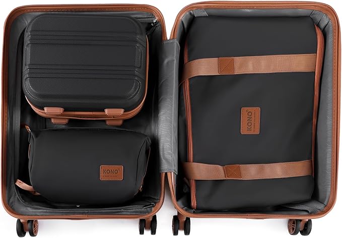 Kono Luggage Set 4 Piece Carry On Hardside Luggage with TSA Lock Spinner Wheels Lightweight PC+ABS Carry On Suitcase Apricot Black