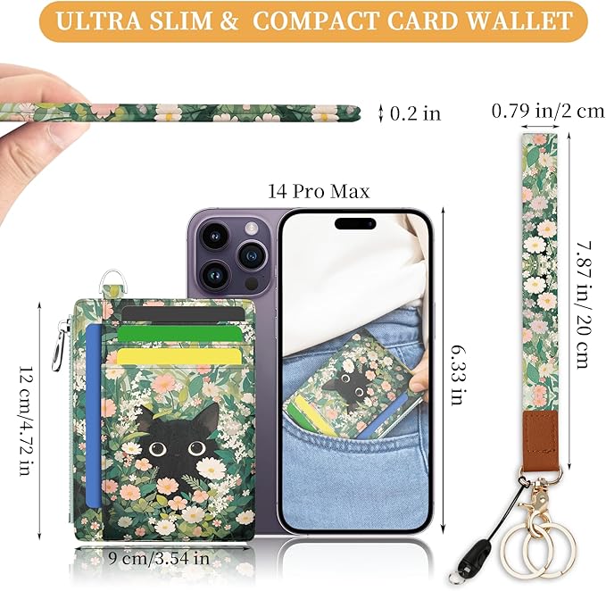 Hancynir Black Cat Floral Slim Wallet Women Credit Card Holder Small Cute RFID Blocking Front Pocket Wallet Wristlet Keychain Lanyard Card Case Thin Travel Zipper Coin PU Leather Ladies Female Gifts