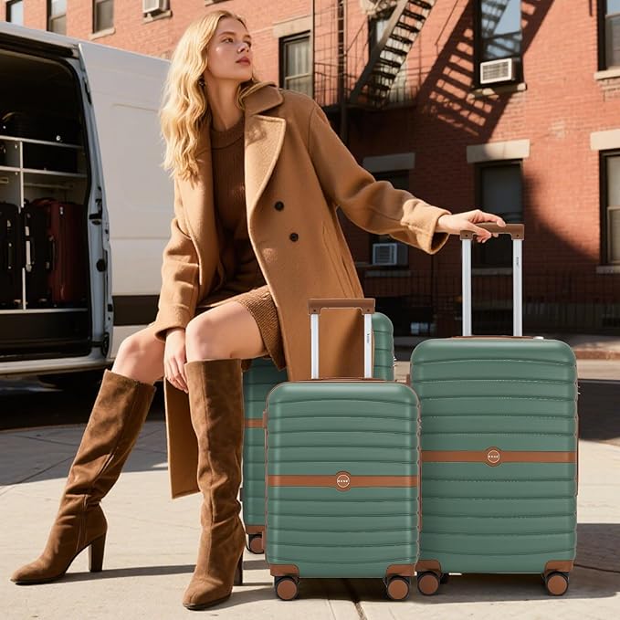 Kono Expandable 28 Inch Luggage with Spinner Wheels, Large Checked Luggage with Lock, Lightweight & Anti-Scratch PC+ABS Hardshell Travel Suitcase, Green/Brown