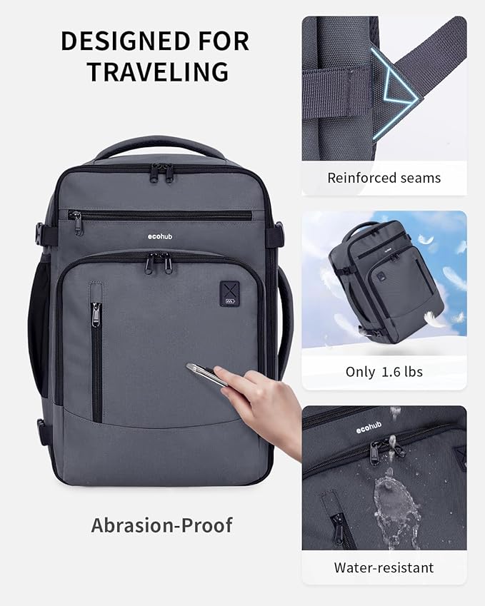 ECOHUB 17" Small Travel Backpack, United Airlines Personal Item Bag 17x10x9 with 16 Pockets, Water Resistant Rucksacks Fit 15.6" Laptop, AirTag Pocket, Lightweight Casual Daypack, 25L, Grey Green