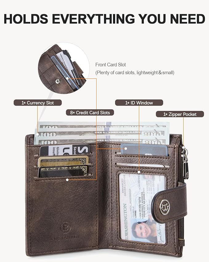 BOSTANTEN Small Wallet for Women Leather RFID Blocking Card Holder Bifold Compact Wallets With Zipper Coin Pocket Coffee