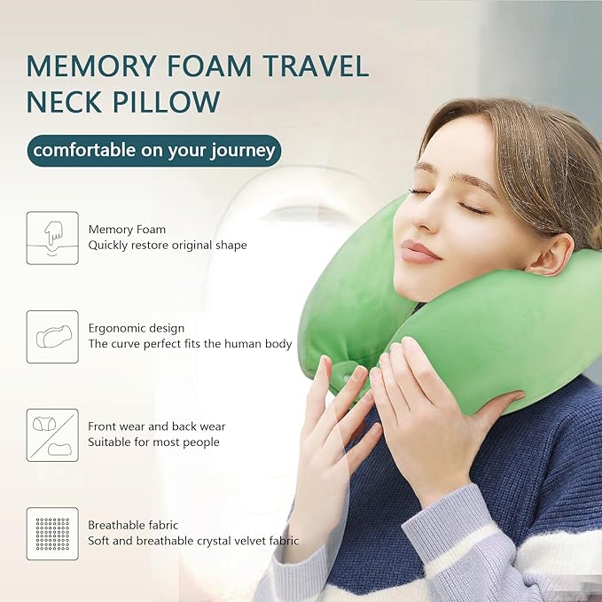 Travel Neck Pillow for Sleeping Soft Memory Foam Pillows Lightweight Breathable Airplane Pillow Support Head and Chin Perfect for Camping Train Car Office Rest Green