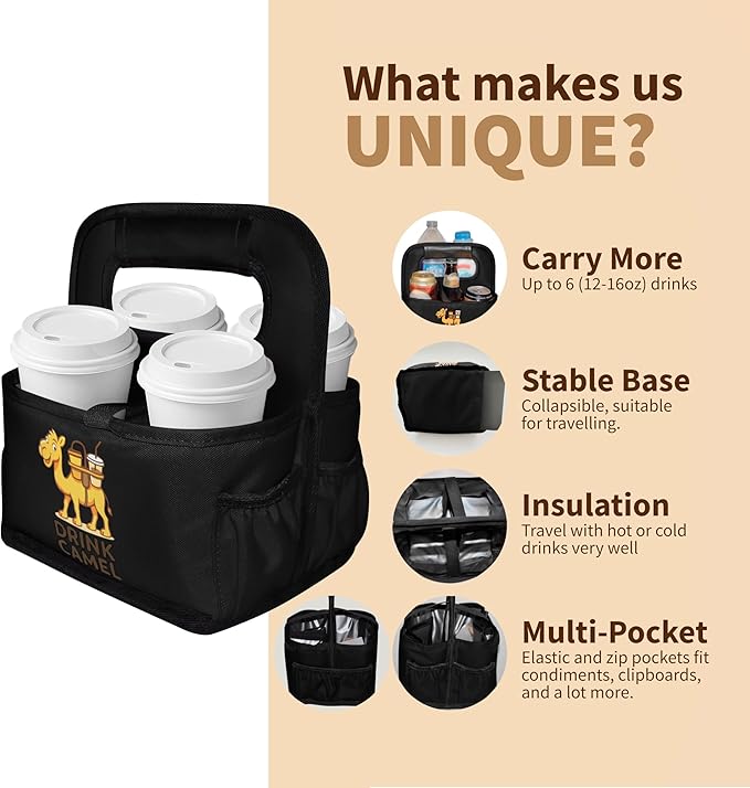 Reusable Drink Carrier with Handle – Durable No-Spill Insulated & Collapsible Beverage Bag with Pockets, Portable Caddy for On-the-Go Delivery, Travel & Car Use (4 Cup Carrier, Black)