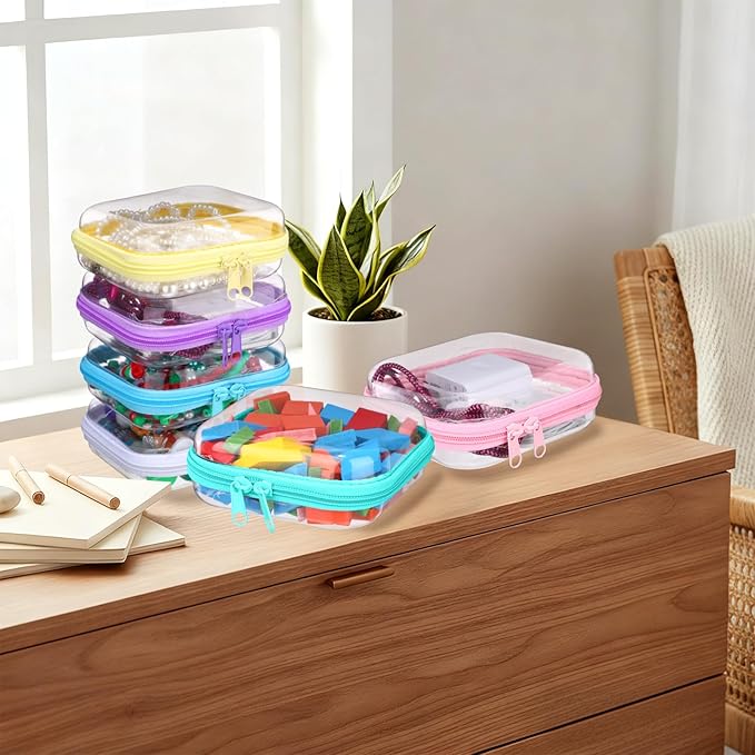Sanwuta 6 Pcs Clear Hard Zipper Case Plastic Zipper Pouches Transparent Makeup Bag Pencil Case Pouches Toiletry Diaper Bag for Travel Toy Storage Organizer Bins(Colorful,5 x 5 x 2 Inch)
