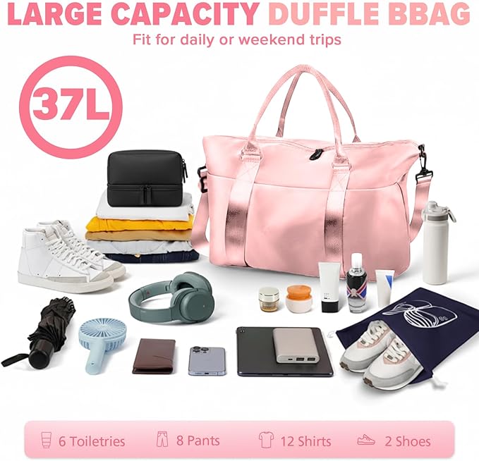 Travel Duffle Bag, Weekender Travel Bag Men Small Gym Bag for Women, Hospital Bag for Labor and Delivery, Overnight Bag Luggage Bag with Trolley Sleeve, Airplane Travel Essentials for Flying(Pink)