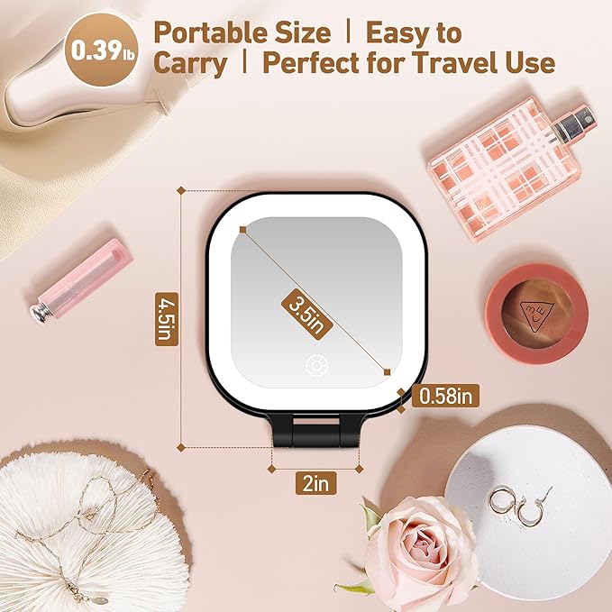 GOMIPURU Travel Mirror with Light, 1x/30x Magnifying Mirror with 3 Color Lights and Adjustable Brightness, 4.5x3.9 inch Small Compact Hangable Hand Pocket 3 Way Mirrors, Comes with Tweezer