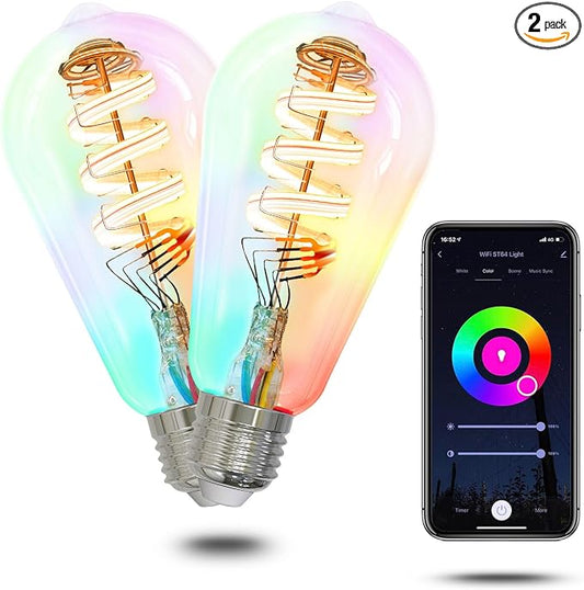 MOES Smart Edison Light Bulb, ST64 WiFi LED Color Changing Dimmable, 2 Pack | RGB plus 2700K-6500K tunable white, 5W 470lm 40W equivalent, 2.4GHz WiFi only, Smart Life Tuya app, Alexa and Google Home