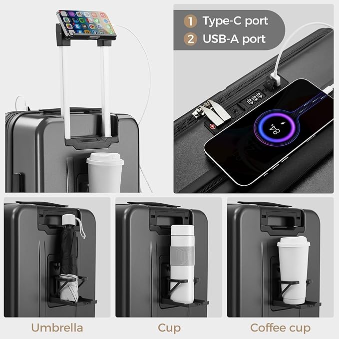 Carry on Luggage Top opening Suitcases, Expandable with Cup Holder and USB Charging Port,Lightweight with Front Pocket Rolling Suitcases with Spinner Wheels