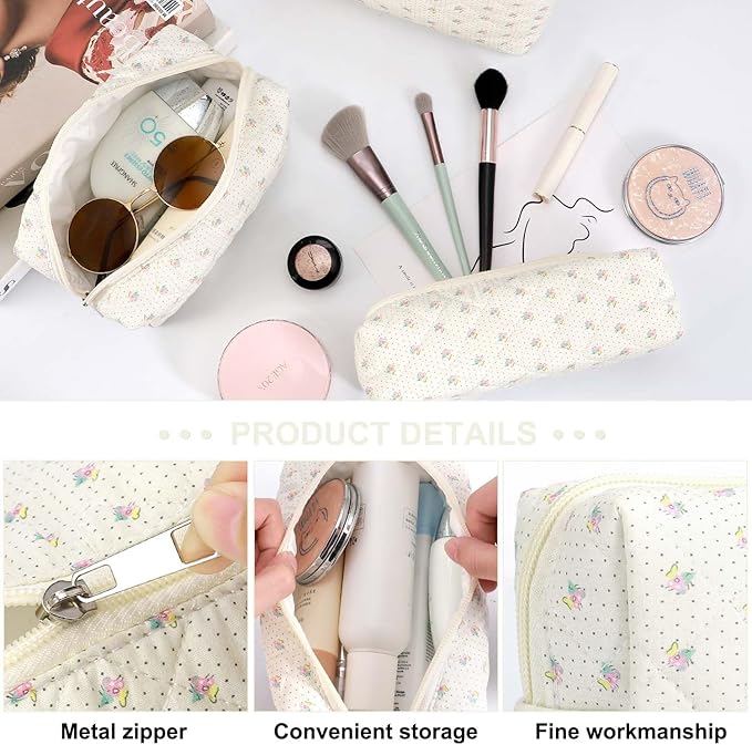 EIMMBD Makeup Bag 3 Pieces Large Capacity Checkered Cosmetic Bag Travel Toiletry Bag Organizer Cute Makeup Bag Pouch Storage Bag for Women(Beige Floral)