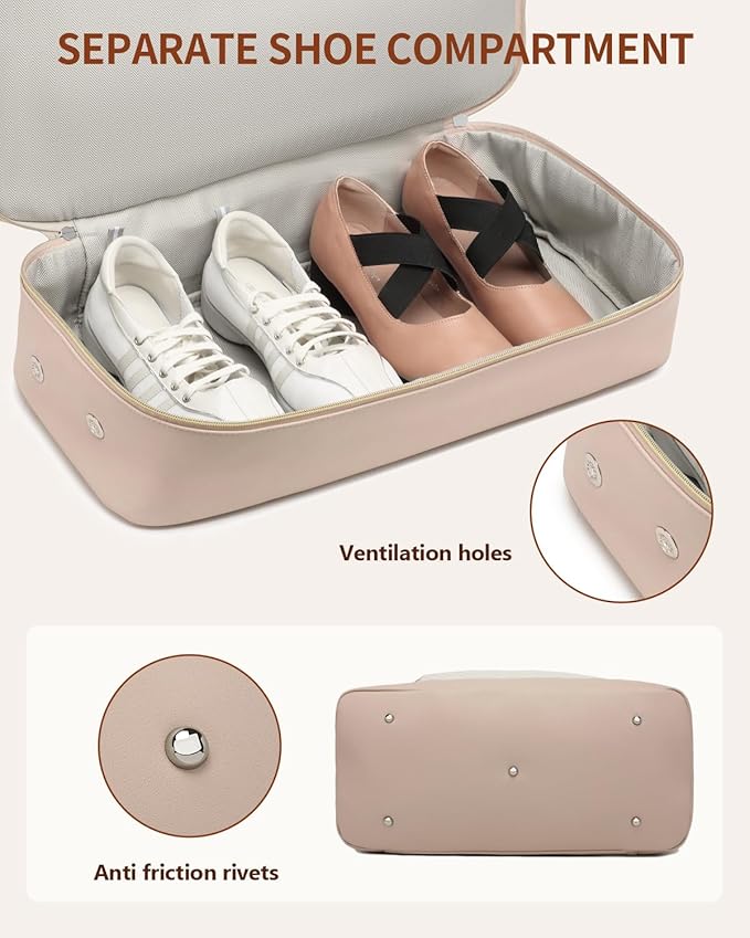 Weekender Bags for Women, Travel Duffle Bag Carry On Overnight Bag with Cosmetics Bag and Crossbody Purse for Gym Hospital, Gifts for Women, Beige Pink