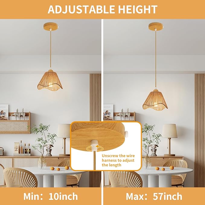 Boho Rattan Pendant Light for Kitchen Island Wave Hanging Lamp | Handwoven Rattan Shade Adjustable Height 10-57 Inch E26 Base Farmhouse Chandeliers for Kitchen Islands And Dining Rooms