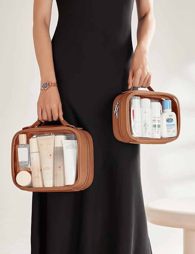Clear Cosmetic Bag Double Layer Travel Toiletry Bag Clear Makeup Bag Case with 4 Compartments, Transparent Travel Bag for Toiletries, Large Toiletry Bag for Women Cosmetic Case (Brown, Small)