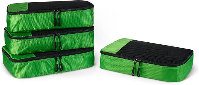 Amazon Essentials 4-Piece Packing Cubes Travel Accessories Set, Luggage Organizer, Suitcase Organizer with Double Zipper, Mesh Top, Space-Saving, Polyester, Green (Previously Amazon Basics)