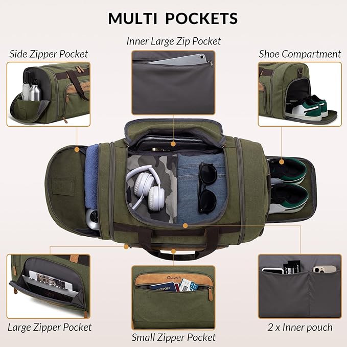 Canvas Duffle Bag for Travel 50L Expandable Travel Duffel Bags for Men Women Weekender Overnight Bag with Shoes Compartment - Army Green