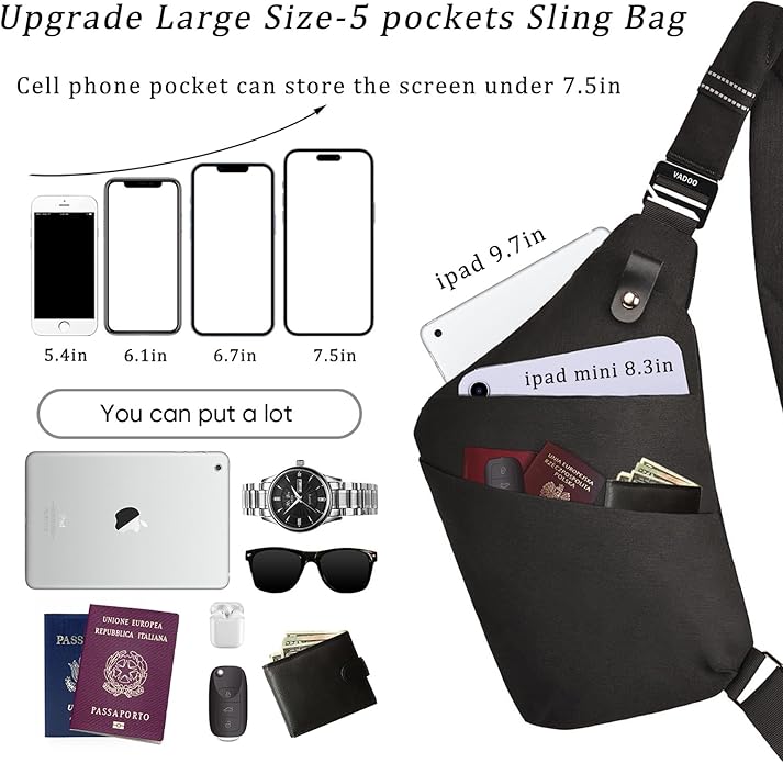 VADOO Sling Bag - Anti-theft Crossbody Shoulder Bag for Men and Women