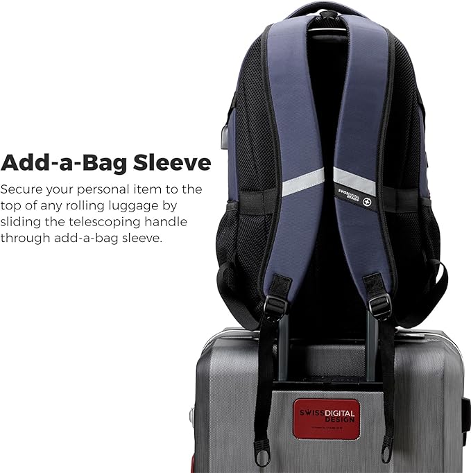 Swissdigital Design Laptop Backpack with USB Charging Port, Travel Backpack Fits 15.6 inches Computer, 31L College School Backpack for Men, Blue/Black | SD803-12 | Water Repellent