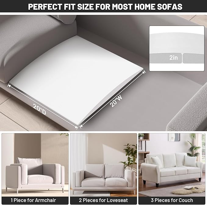 Couch Cushion Support for Sagging Seat, 20"x20"x2" 40D High Density Curved Foam Sofa Cushion Support, Under-Cushion Sag Repair,White Set of 1