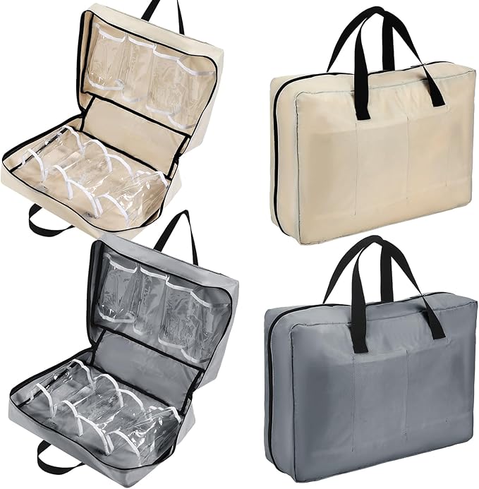 2 Pcs Travel Shoe Bag with Handle Organizer - Portable Luggage Storage Bag for Multiple Shoes (Light Gray, Beige)